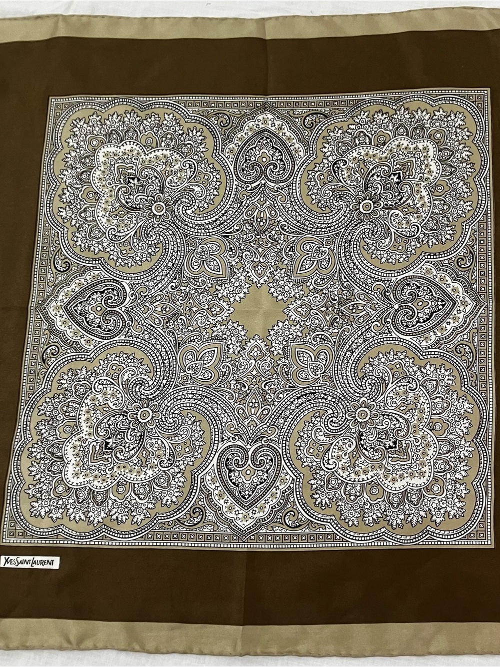 70s-80s Yves Saint Laurent Brown and Cream Paisley Silk Pocket Square/Scarf